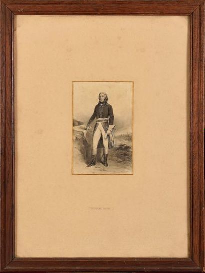  Hippolyte PAUQUET (1797-1871) « Le Général HOCHE en pied. » Dessin à la plume, lavis...