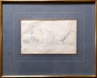 null Jules Achille NOËL (1810-1881) Port de Calais Etude de bateaux Crayon noir 13...