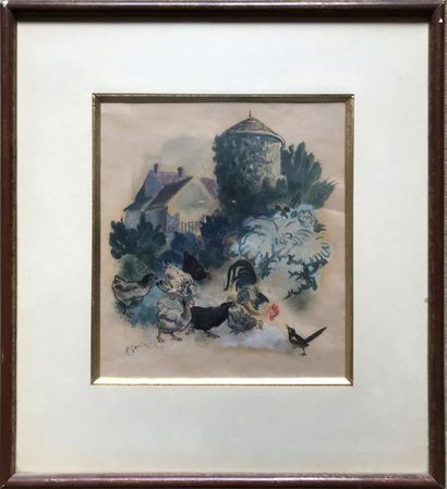 null PIERRE GANDON (1899-1990) La pie et La basse-cour Deux aquarelles gouachées...