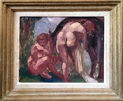 null GEORGES EMILE CAPON (1890-1980) Le bain Huile sur panneau 21 x 26 cm