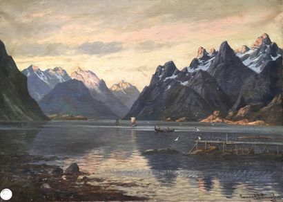 null CONRAD HANS SELMYHR (1877-1944) Boten in een fjord Huile sur toile Signée en...