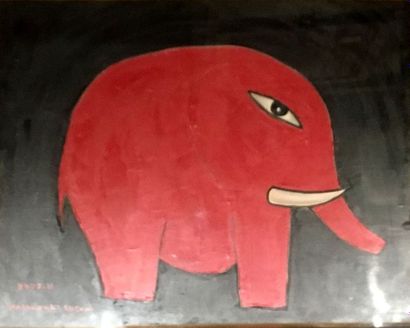 null KATSUYUKI SUZUKI (XXe-XXIe) Eléphant rouge Huile sur toile 46 x 52 cm