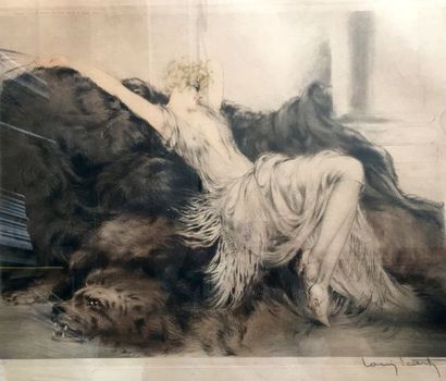 null - LOUIS ICART (1888-1950) Femme étendue sur une fourrure Gravure Signée en bas...