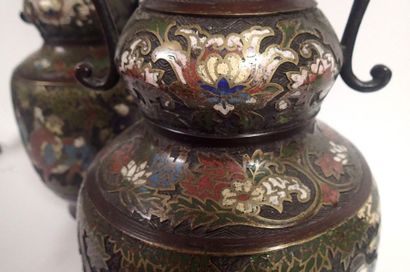 null JAPON Paire de vases double gourde à deux anses en bronze cloisonné à décor...