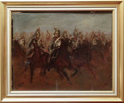  Henri DUPRAY (1841-1909) Dragons à cheval Huile sur toile 32 x 40 cm (accrocs)
