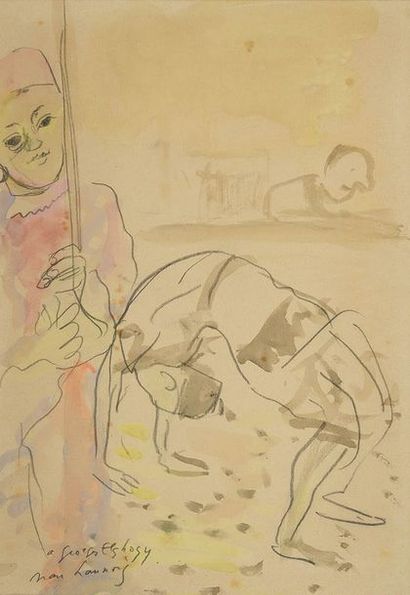 null JEAN LAUNOIS (1898-1942) Acrobatie Crayon noir et aquarelle sur papier beige...