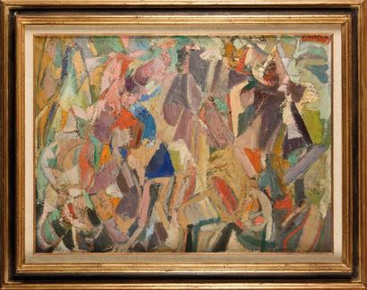 null ANDRE LANSKOY (1902-1976) Composition au triangle bleu, 1958 Huile sur toile...