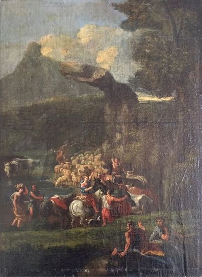 null ECOLE ITALIENNE du XVIIIème siècle Scène de transhumance Huile sur toile marouflée...