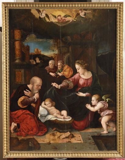 null ECOLE FLAMANDE vers 1600, suiveur de Cornelis VAN CLEVE L'Adoration de l'Enfant...