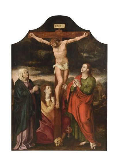 null ECOLE FLAMANDE vers 1580, suiveur de Joos Van CLEVE Crucifixion entre saint...