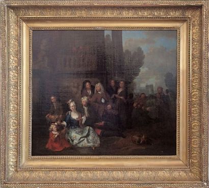 null ECOLE FRANCAISE du XVIIIème siècle Couple sur un marché Huile sur toile 52 x...