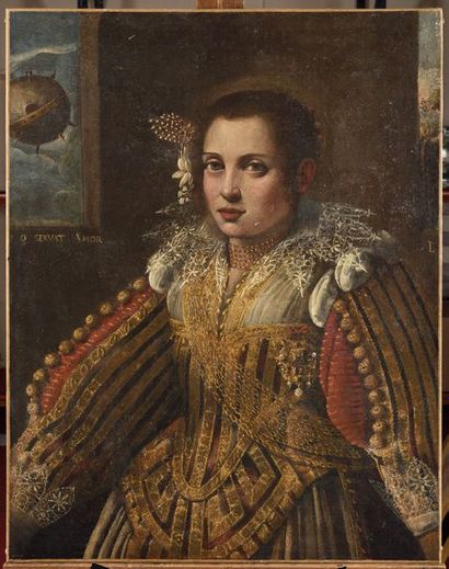 null ECOLE FLORENTINE vers 1700 Portrait d'une dame de qualité Toile, rognée sur...