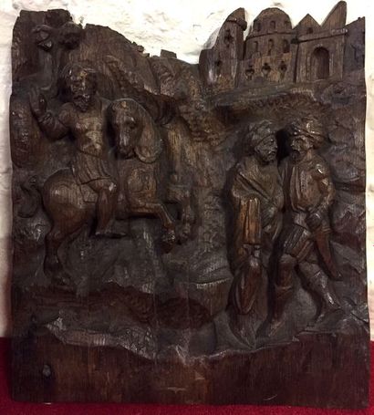 null PANNEAU en chêne sculpté en bas-relief représentant un cavalier et deux personnages,...