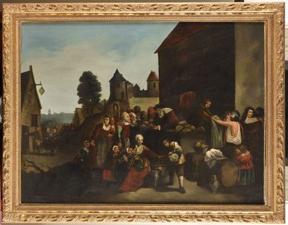 null ECOLE HOLLANDAISE du XVIIIème siècle Scène villageoise Huile sur toile marouflée...