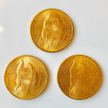 null TROIS PIÈCES en or jaune de 20 Dollars Américains Saint-Gaudens à l’effigie...