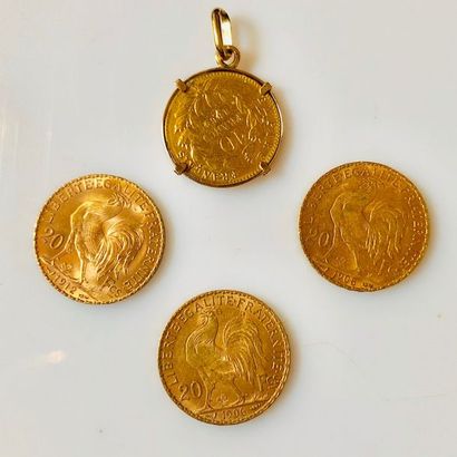 null QUATRE PIÈCES en or jaune comprenant : 

- trois de 20 Francs au profil de Marianne...