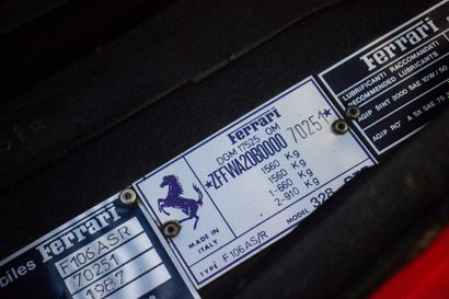 1987 Ferrari 328 GTS Numéro de série ZFFWA20B000070251

87 500 kilomètres - Ex Franck...