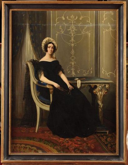  Ecole française du XIXe siècle, vers 1830. « Dame coiffée d'un turban dans son intérieur,...