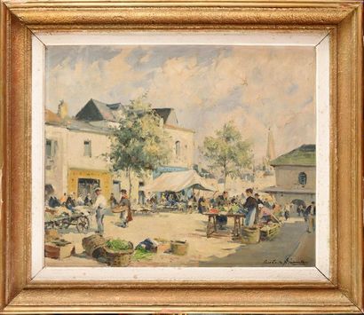 null Paul Emile LECOMTE (1877-1950) Place de village animée Huile sur toile Signé...