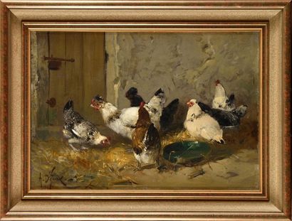 null Alexandre DEFAUX (1826-1900) Poulailler Huile sur toile Signé en bas à gauche...