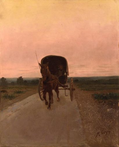 null Maximilienne Goepp GUYON (1868-1903) Calèche au soleil couchant Huile sur toile...