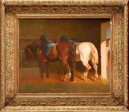 null Theodore FORT (1810-1896) Chevaux à l'écurie Huile sur toile Signé en bas à...