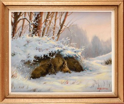 null Léon ZEYTLINE (1885-1962) Les sangliers sous la neige Huile sur toile Signé...