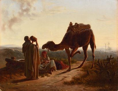 null Théodore FRÈRE (1814 - 1888) La halte de la caravane, au crépuscule Huile sur...