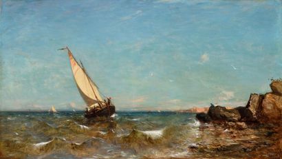 null Adolphe APPIAN (1818-1898) Bord de mer animée, Port de Collioure Huile sur toile...