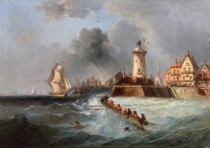 null André FONECHE (1851-1942) Marins en barque devant le port Huile sur toile Signé...