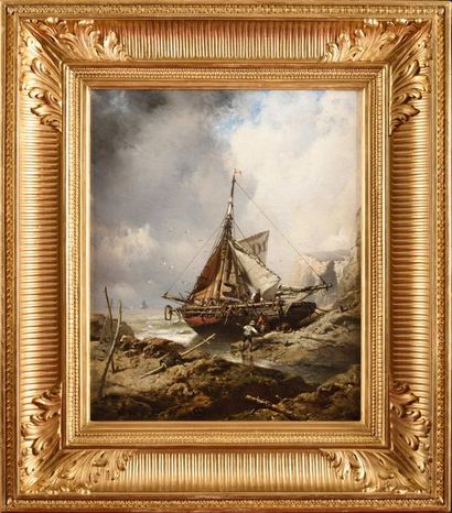 null Charles HOGUET (1821-1870) Bateau de pêche au pied des falaises de Dieppe Huile...