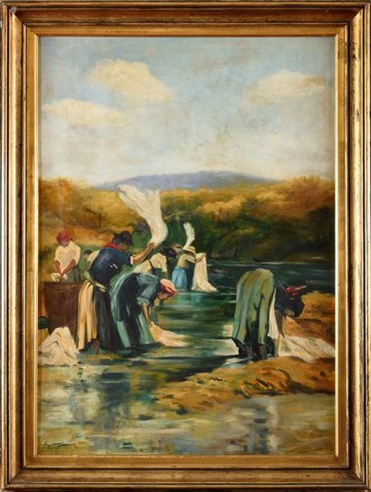 null Angiolo TOMMASI (1858-1923) Les lavandières Huile sur toile Signé en bas à gauche...
