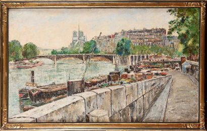 null Pierre THEVENET (1870-1937) Qaui de Bercy, Vue sur Notre-Dame Huile sur toile...