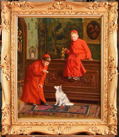 null Paul-Charles CHOCARNE-MOREAU (1855-1931) Enfants de choeur et le chien Huile...