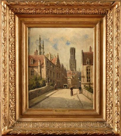 null Gustave MASCART (1834-1914) La tour Saint-Jean, Bruges Huile sur toile Signé...