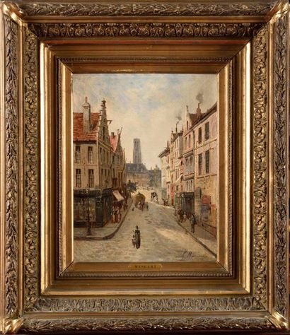 null Gustave MASCART (1834-1914) Bruges, rue animée vers la Tour Saint-Jean Huile...