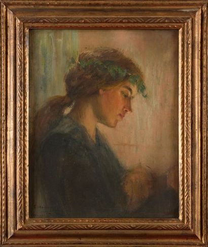 null Fernand MAILLAUD (1863-1948) Profil de jeune femme à la bougie Huile sur toile...
