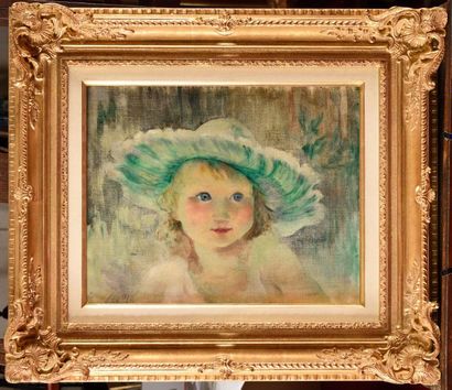 null Jean Jules Henry GEOFFROY (1853-1924) Portrait de fillette au chapeau vert Huile...