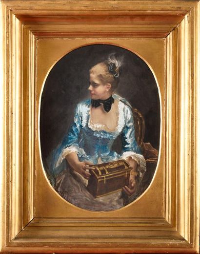 null Lucien LÉVY-DHURMER (1865-1953) Portrait de Dame au coffre Peinture sur porcelaine...