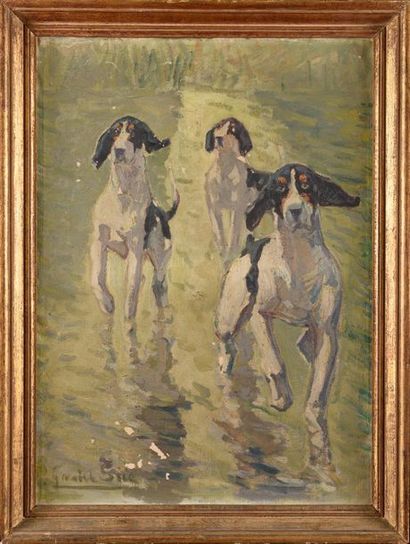 null Gabriel SUE (1867-1958) Trois chiens en chasse Huile sur toile Signé en bas...