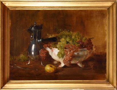 null Ernest BORDES (1852-1914) Nature morte à la verseuse et coupe de raisins Huile...