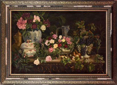 null Paul LAHURE (XIXe) Nature morte aux fleurs et fruits sur un entablement Huile...