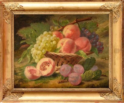 null Anthelme Eugène GROBON (1820-1878) Corbeille de fruits Huile sur panneau Signé...