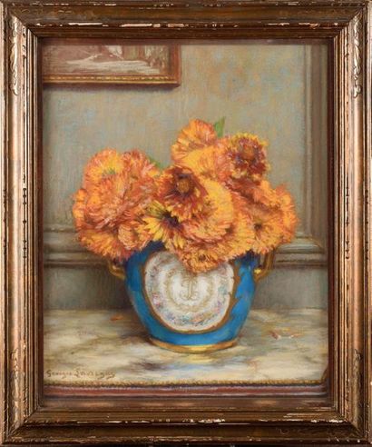 null Georges Aug. Elie LAVERGNE (1863-1942) Bouquet de pivoines oranges Pastel Signé...