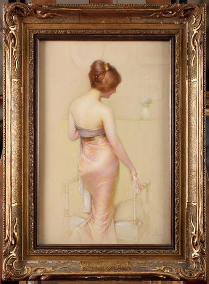 null Gaston BOUY (1866-1943) Femme à la robe rose Paire de pastels sur papier Signé...