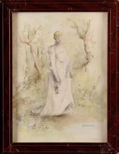 null François SCHOMMER (1850-1935) Jeune femme pensive Aquarelle et crayon noir Signé...