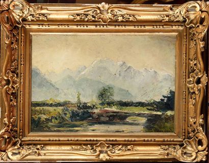 null Louis Hilaire CARRAND (1821-1899) Paysage de montagne Huile sur panneau recto/verso...