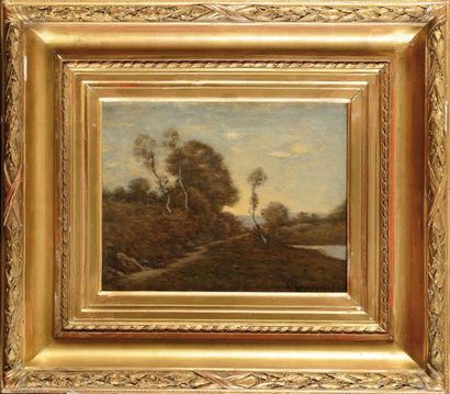 null Henri Joseph HARPIGNIES (1819-1916) Chemin le long de l’étang Huile sur toile...