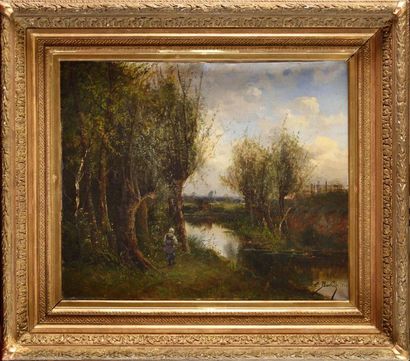 null Pierre Ernest BALLUE (1855-1928) Promeneuse près d'un étang Huile sur toile...