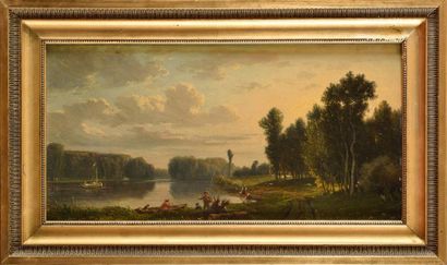 null Nicolas RENIE (1808-?) Scène animée au bord de l'étang Huile sur panneau Signé...